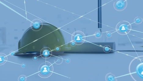 animation of network of connections over helmet and architect plans