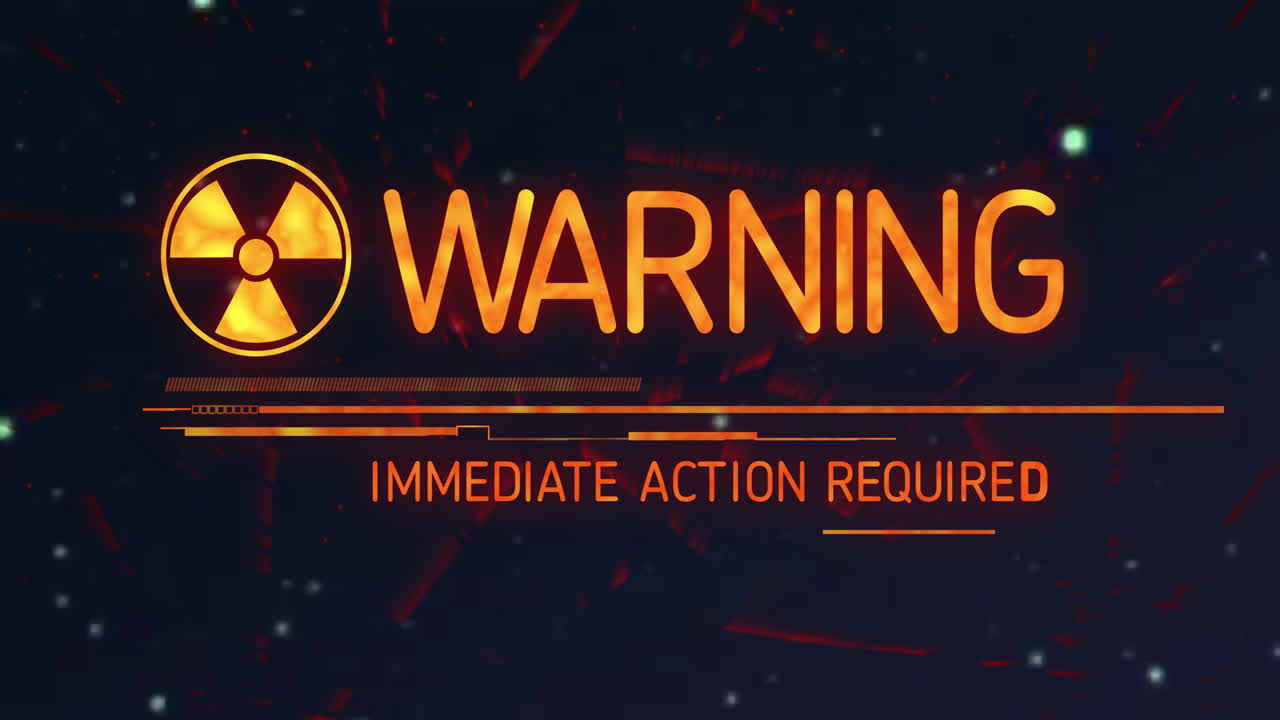 Radiation symbol with warning sign and bold orange text for immediate action