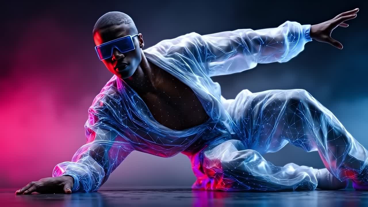 A man in a white shirt and blue glasses is dancing