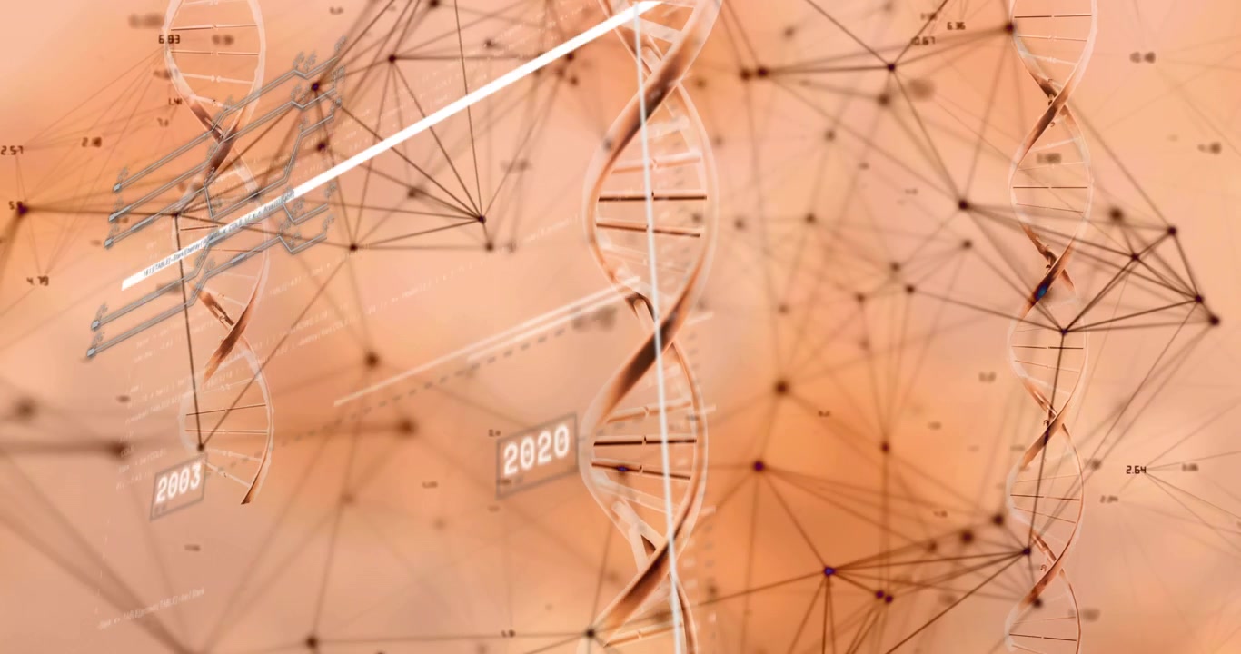 Forskningsgrafik: En diagonal bjælke fejer over en DNA-helix, et diagram fremhæves, noder pulserer, og årstal bevæger sig.