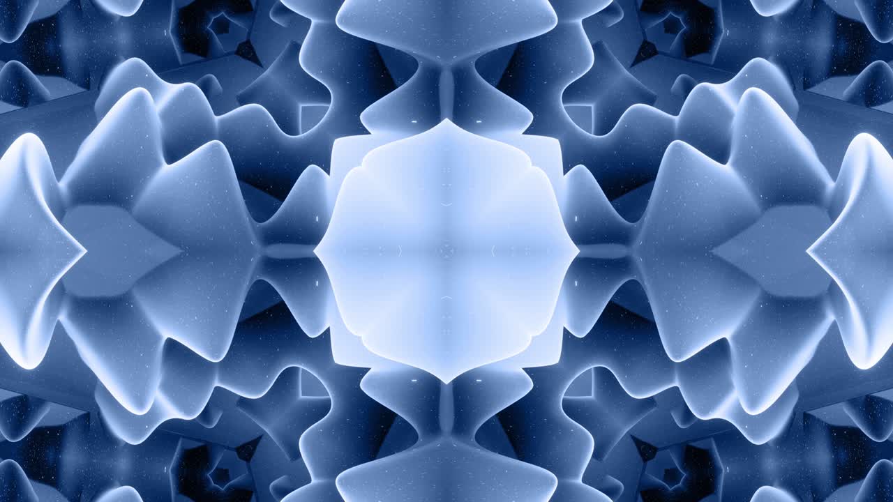 forma abstracta en 3d como una estrella o una flor, estructura simétrica de material de terciopelo azul negro intercalado con pañuelos, formas de cambios cíclicos suaves. fondo mate suave y elegante, animación suave.