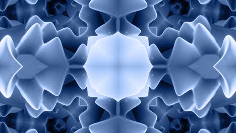 forma abstracta en 3d como una estrella o una flor, estructura simétrica de material de terciopelo azul negro intercalado con pañuelos, formas de cambios cíclicos suaves. fondo mate suave y elegante, animación suave.