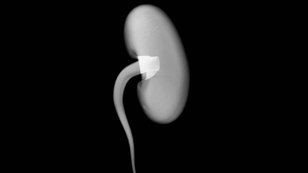 Medical animation of human kidney rotating on black background. X-ray or MRI style for science and health concepts