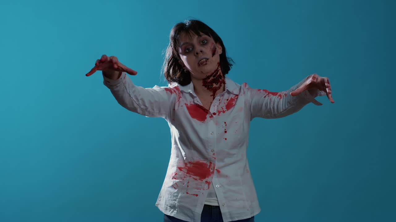 Bizarre looking woman zombie surrounded by police forces on blue background