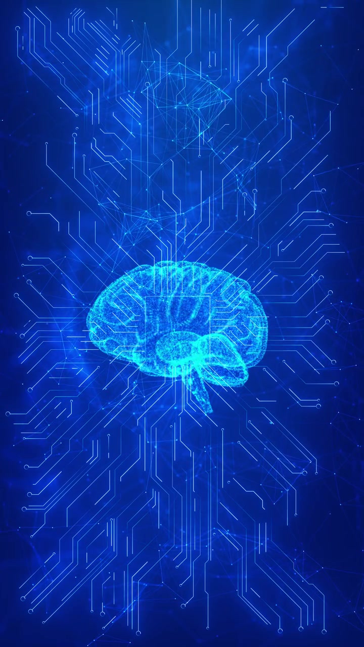Blue artificial brain circuit background with glowing neural shape electronic lines network nodes