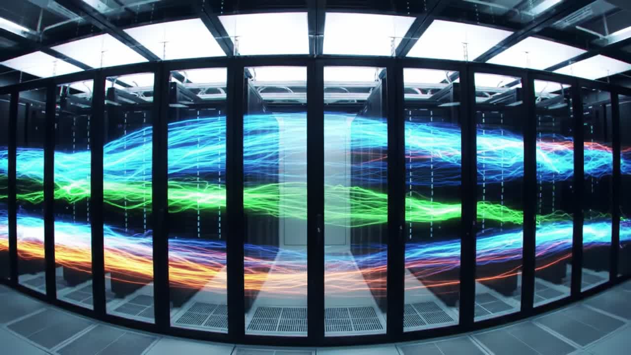 In a high-tech server room, multiple servers display colorful light patterns representing data flow. Advanced technology is utilized for data management, showcasing innovation in computing.