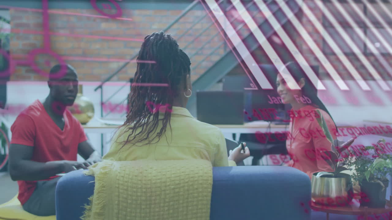 Animation of financial data processing over diverse business people in office