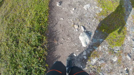 legs of a male hiker walking on a rocky path in the nature of northern sweden