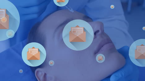 animation of network of connections with icons over caucasian female dentist getting injection