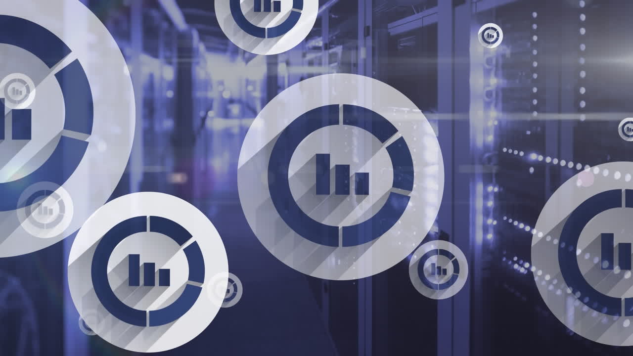 animación de múltiples iconos de gráficos de barras flotando contra la sala del servidor de la computadora