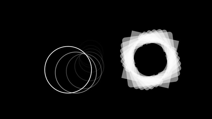 Animazione digitale di due forme circolari astratte che ruotano su sfondo nero