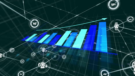 bar chart and data points animation over digital grid background