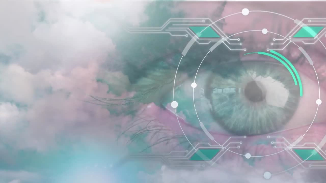conexiones redondas de escáner y microprocesador sobre el primer plano del ojo femenino contra las nubes en el cielo