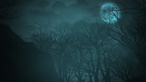 mystical forest in night with dark sky and blue moon