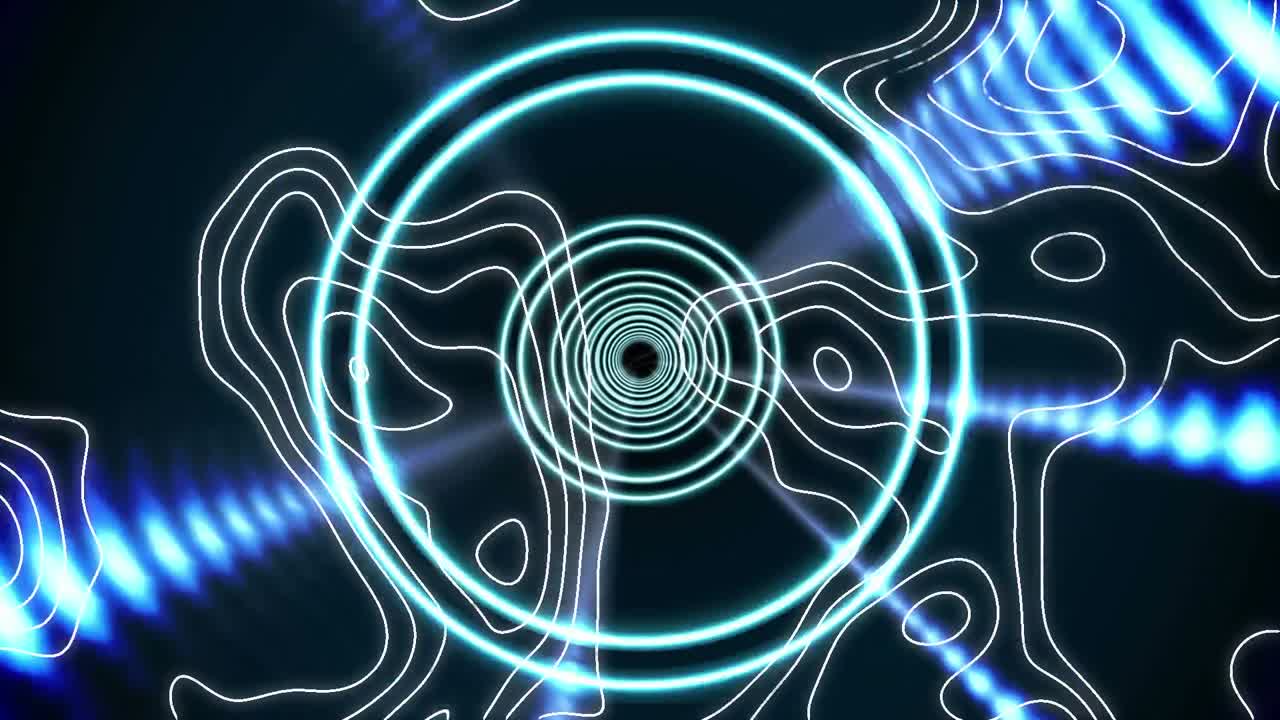 animación de líneas blancas y círculos brillantes girando en un túnel de luces brillantes