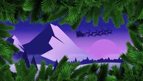 Animation-Von-Bäumen-über-Dem-Weihnachtsmann-Im-Schlitten-Mit-Rentieren,-Die-Sich-Mit-Mond-Und-Winterlandschaft-Bewegen
