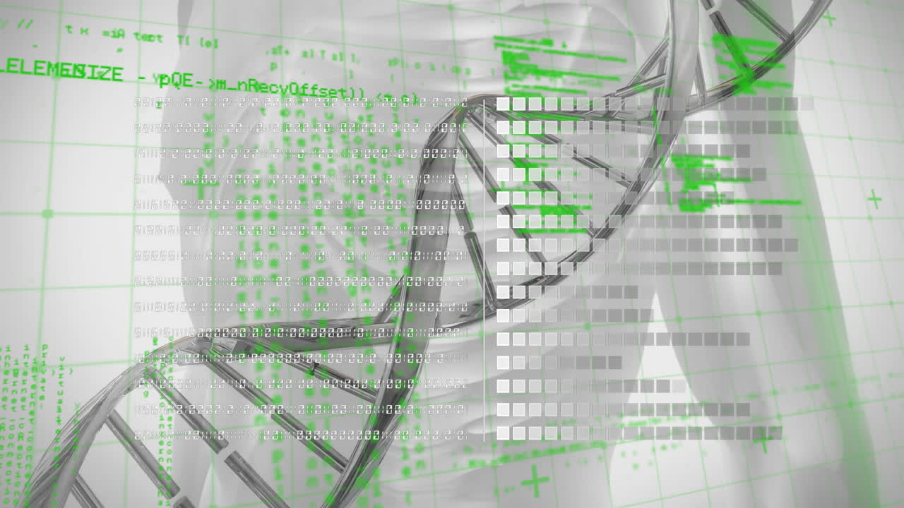 animación de la cadena de adn y procesamiento de datos en movimiento sobre vasos con líquido
