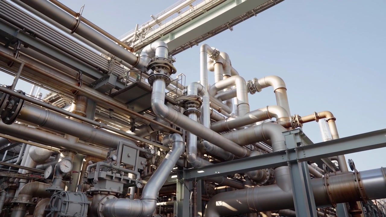 Detailed view of dense stainless steel pipe network inside industrial processing plant, showing curved elbows, bolted flanges, valves, supports, platforms, and metallic framework under clear daylight