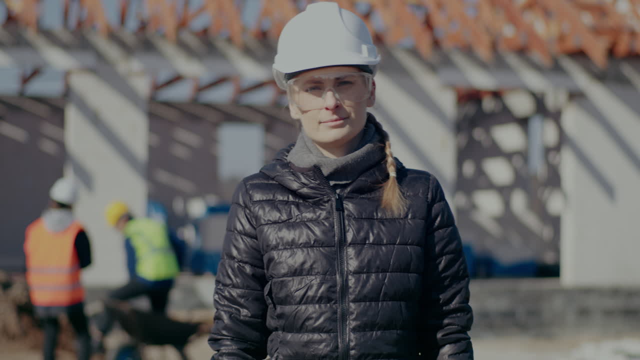 Portrait of confident young female engineer wearing hardhat and eyewear carrying level tool on shoulder while standing at construction site