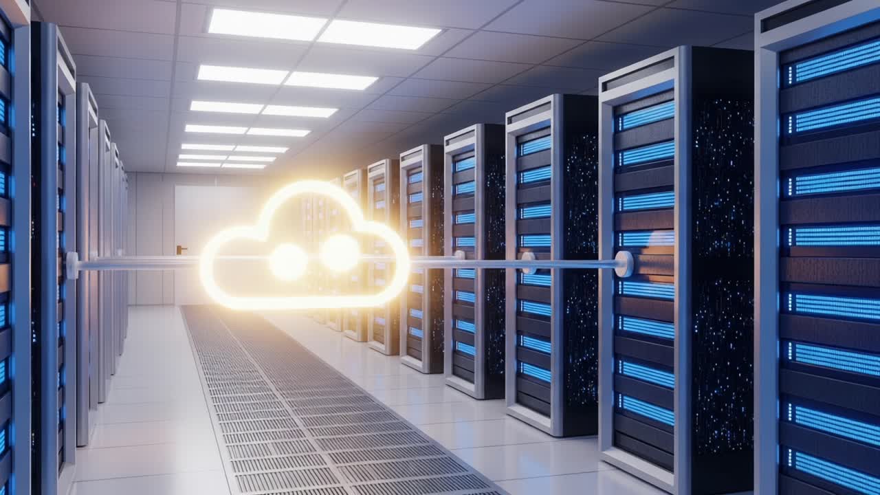 A Glimpse into Advanced Data Storage: Exploring the Cloud Infrastructure within a Modern Server Room Featuring High-Tech Racks and Bright Lighting