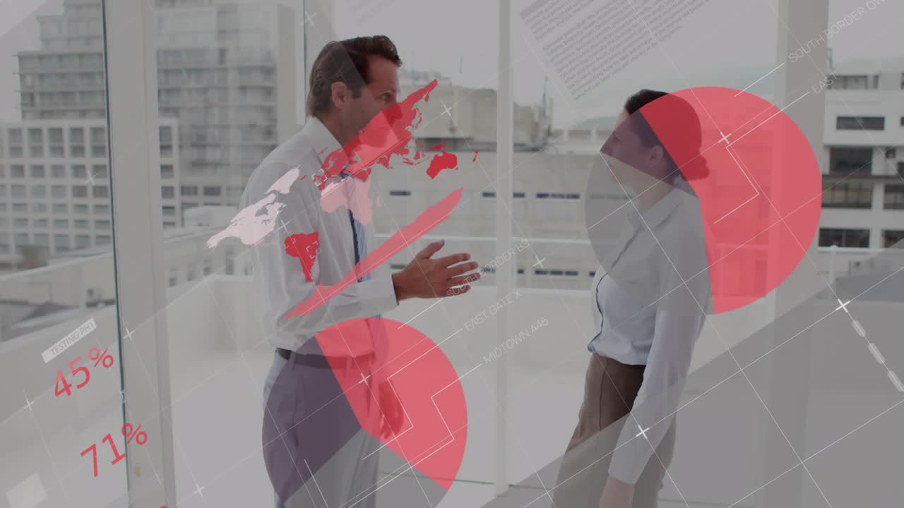 animación del procesamiento de datos estadísticos sobre empresario y mujer de negocios caucásicos discutiendo.