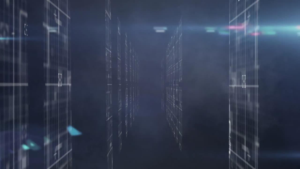 Effetto fumo blu su schermi multipli con elaborazione dati su sfondo blu