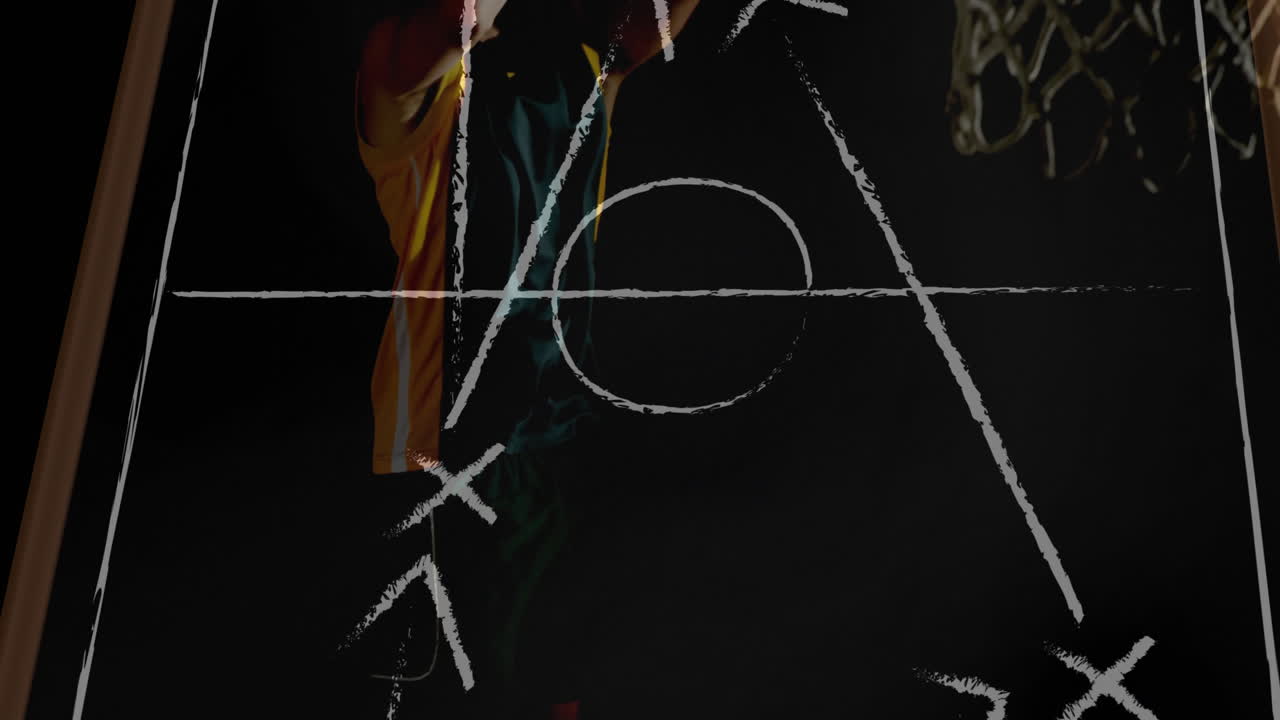 Basketball player holding ball with strategy diagram animation over black background