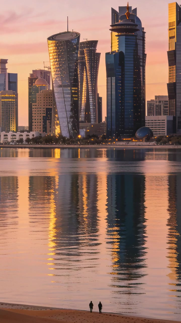 Vertical video: Walking pair in coats pacing shore, sunrise drawing them to glass tower reflections