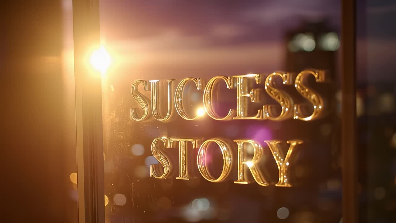 Golden letters glow against blurred city lights. Warm sun glows behind glass window frame. Cityscape fades into soft bokeh background. Text reads "SUCCESS STORY" in bold, metallic font