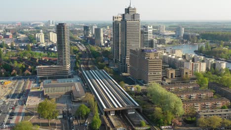 aerial view of skyscrapers and amstel river