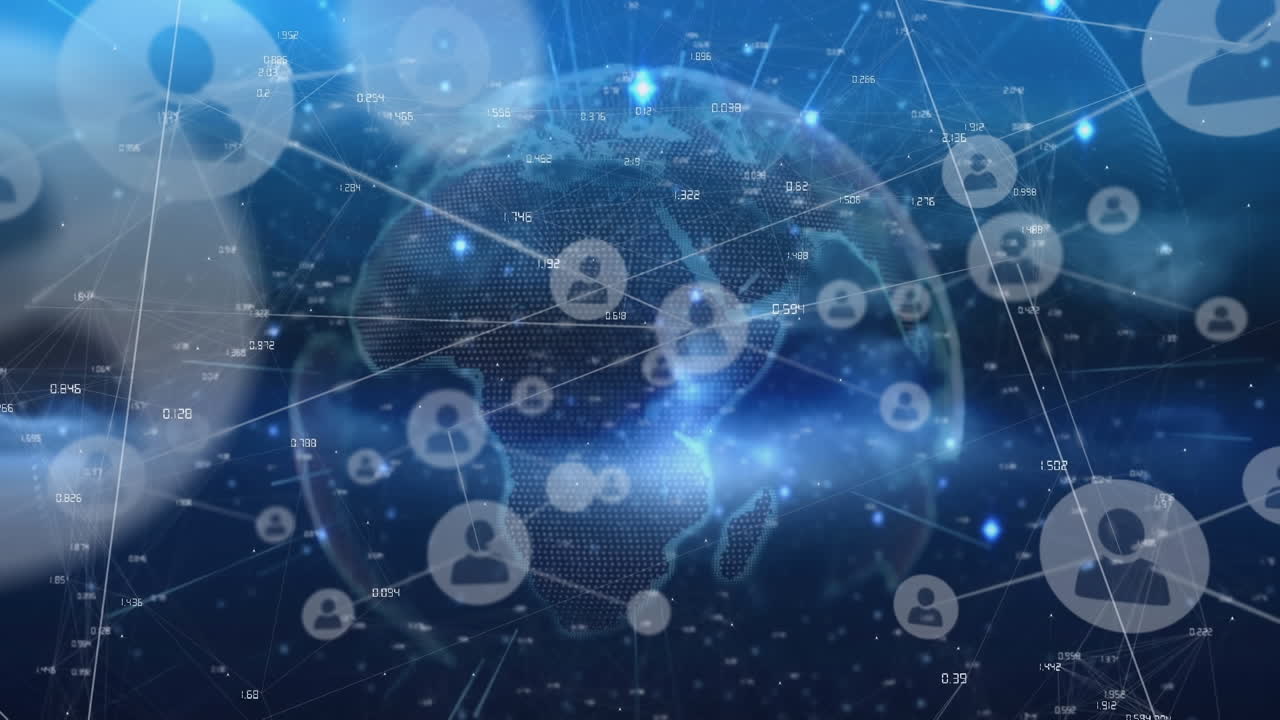 파란색 배경에 회전하는 지구 위의 프로필 아이콘 및 빛 트레일 네트워크의 애니메이션