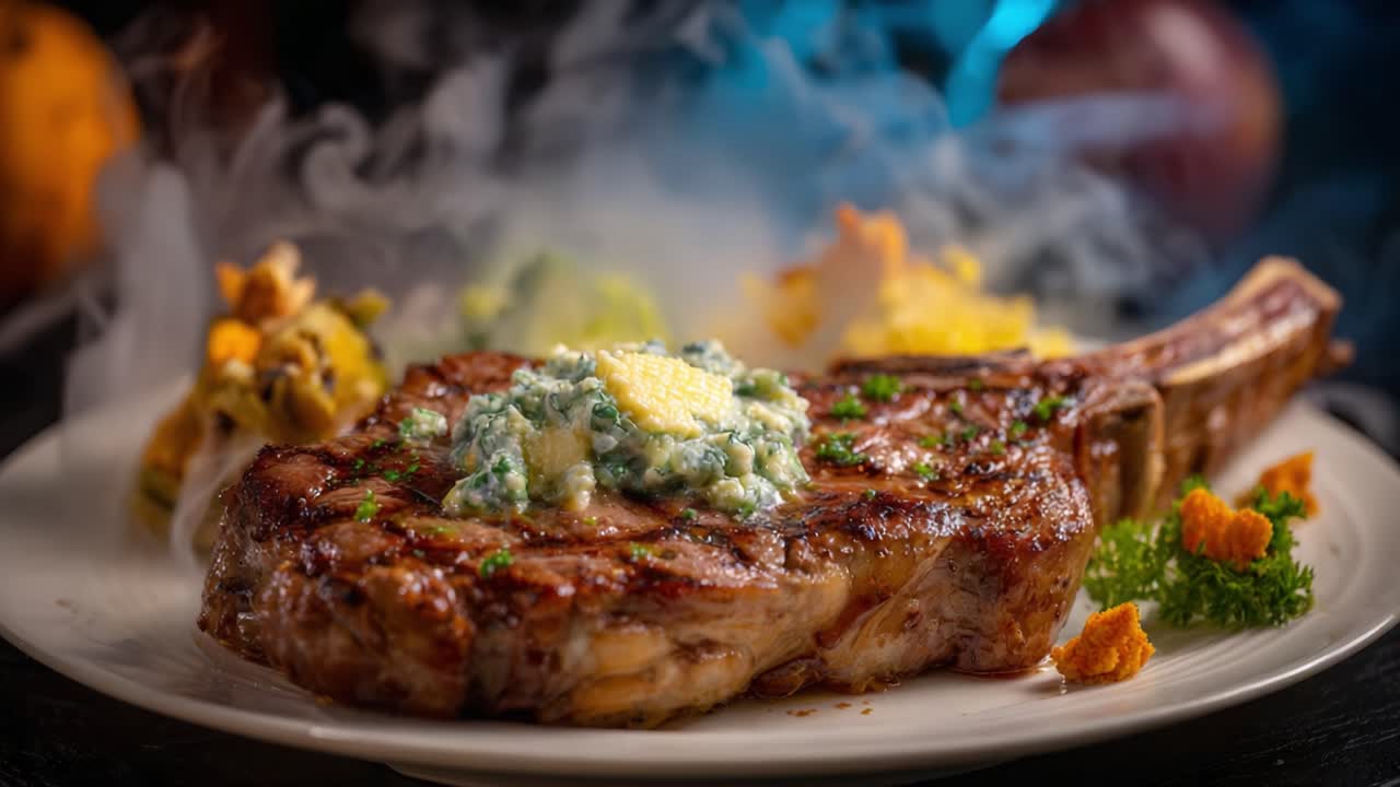 A succulent and beautifully grilled steak served with flavorful sides, showcasing a mouthwatering presentation with steam rising for an enticing culinary experience