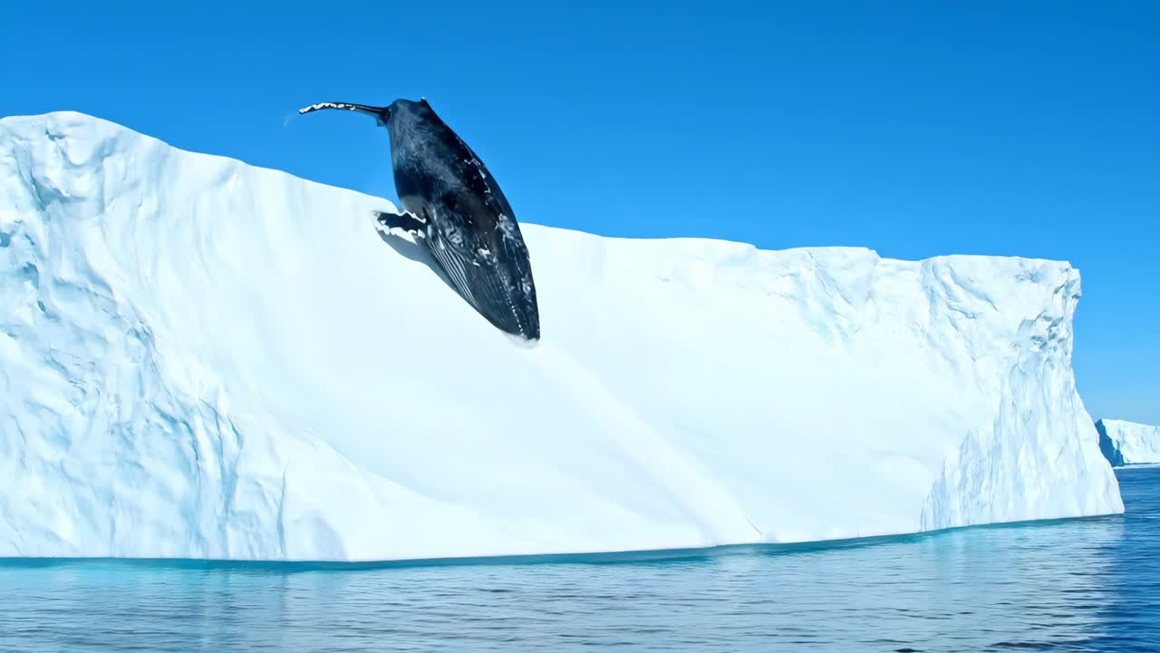 Whale breaching near iceberg in the Arctic