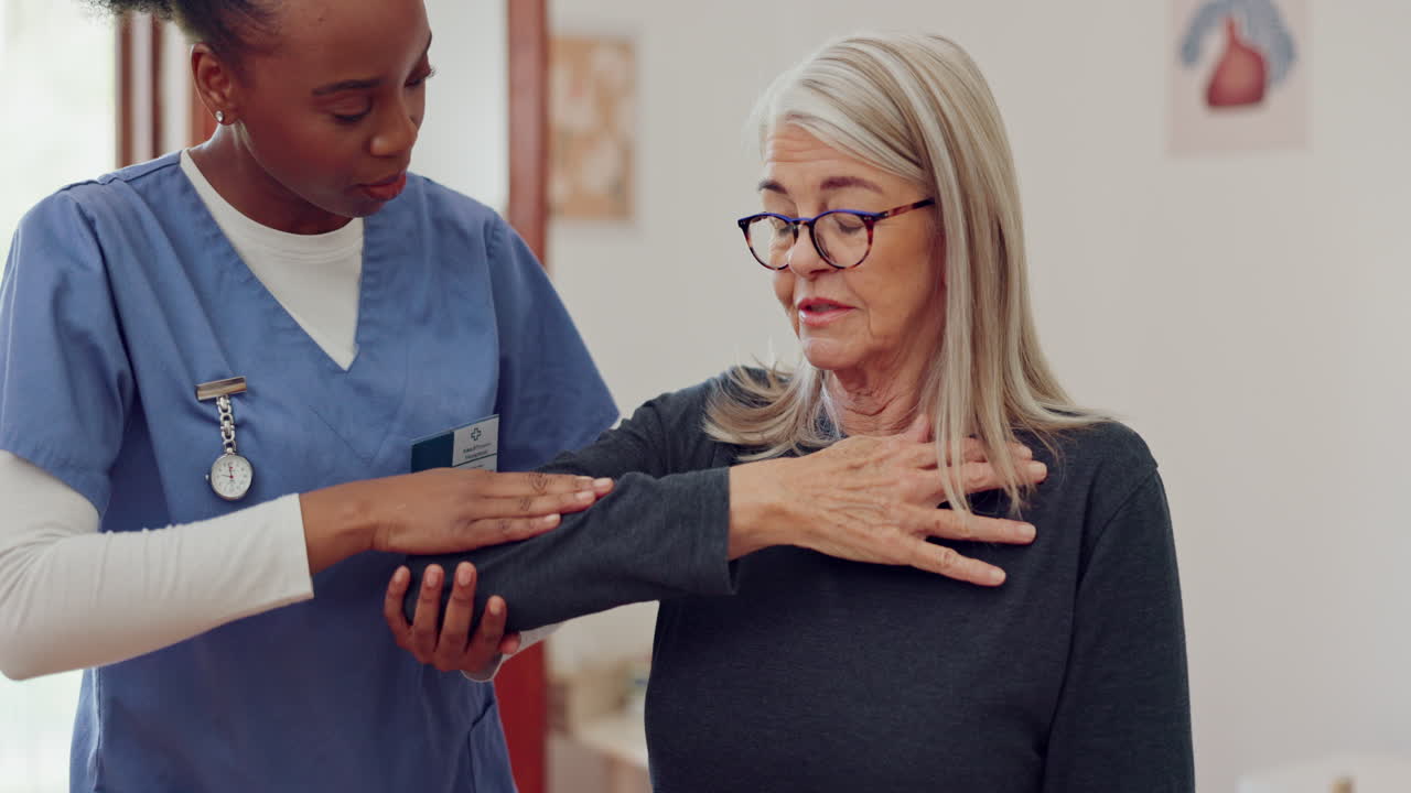 Nurse, senior woman and stretching