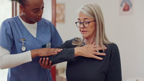 nurse, senior woman and stretching