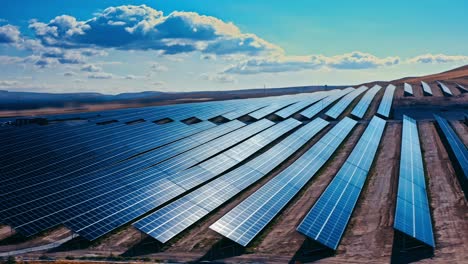 a breathtaking view of a vast solar farm, captured during sunset, with rows of solar panels stretching out into the distance