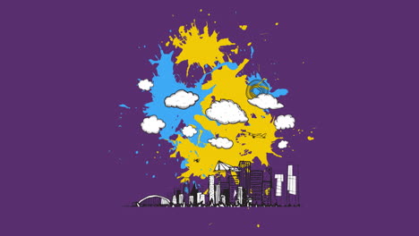 animación del paisaje urbano y manchas sobre fondo púrpura
