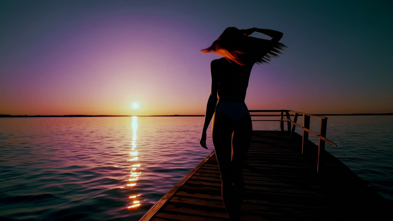 Donna che si gode un tramonto al lago