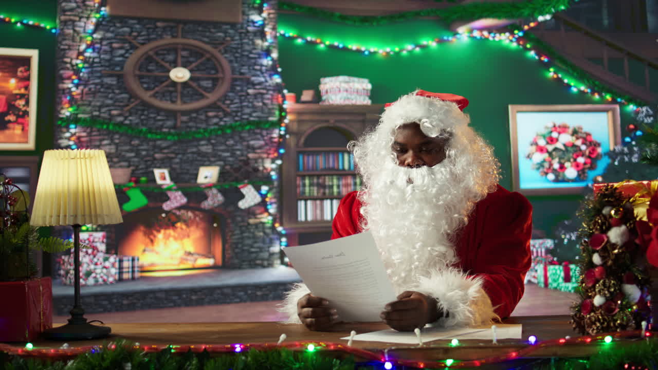 Santa Claus Reading Letters by the Fireplace