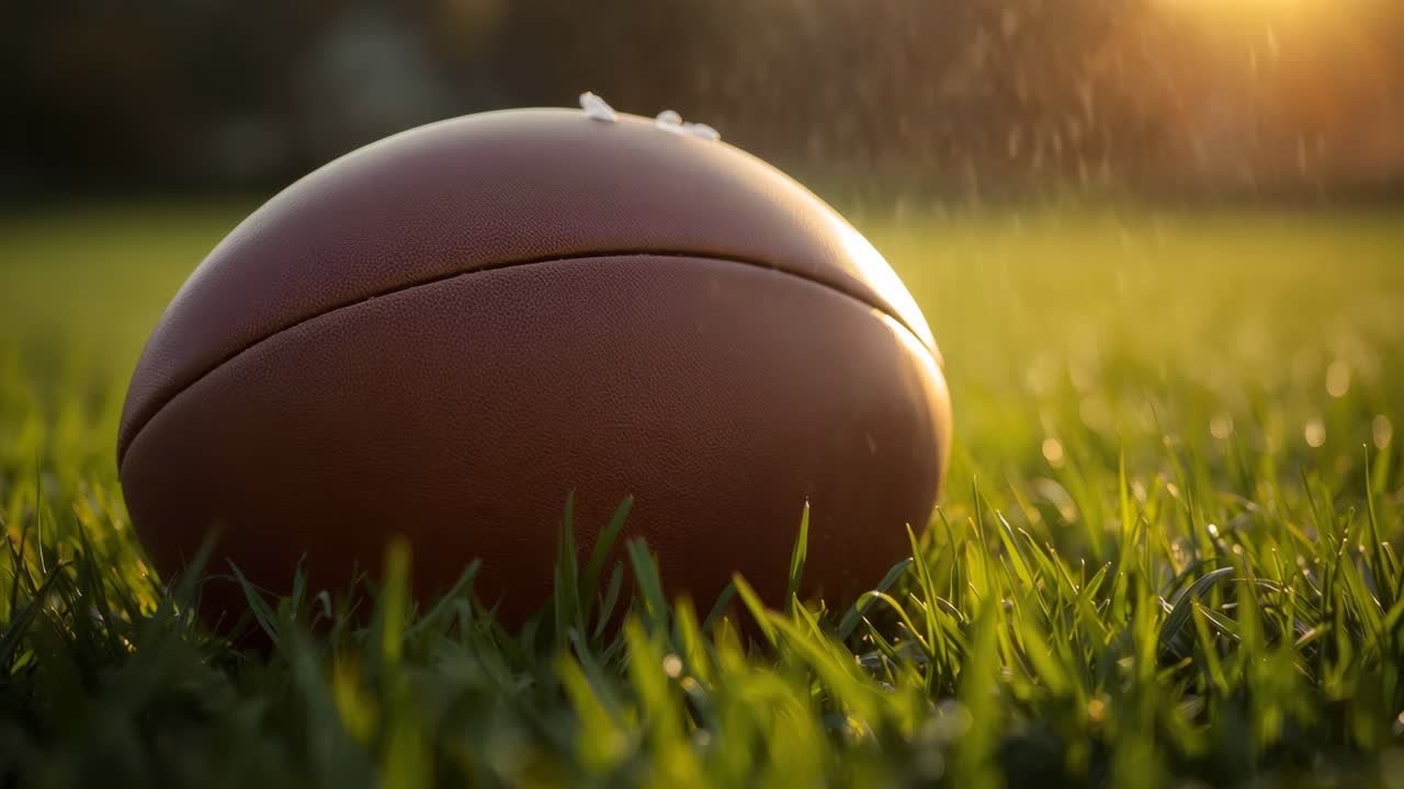 Drizzling droplets coating brown leather football on grass blades at open field, glistening surface