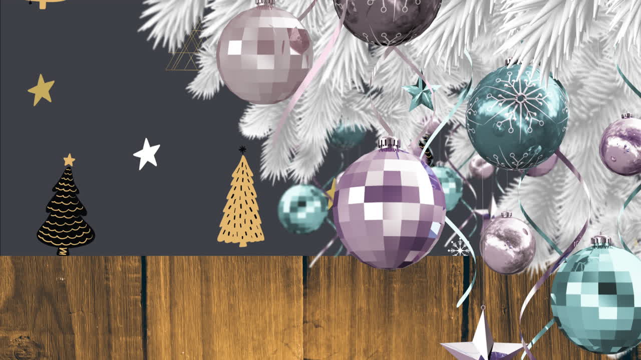 animación de árbol de navidad con decoraciones sobre árboles sobre fondo negro