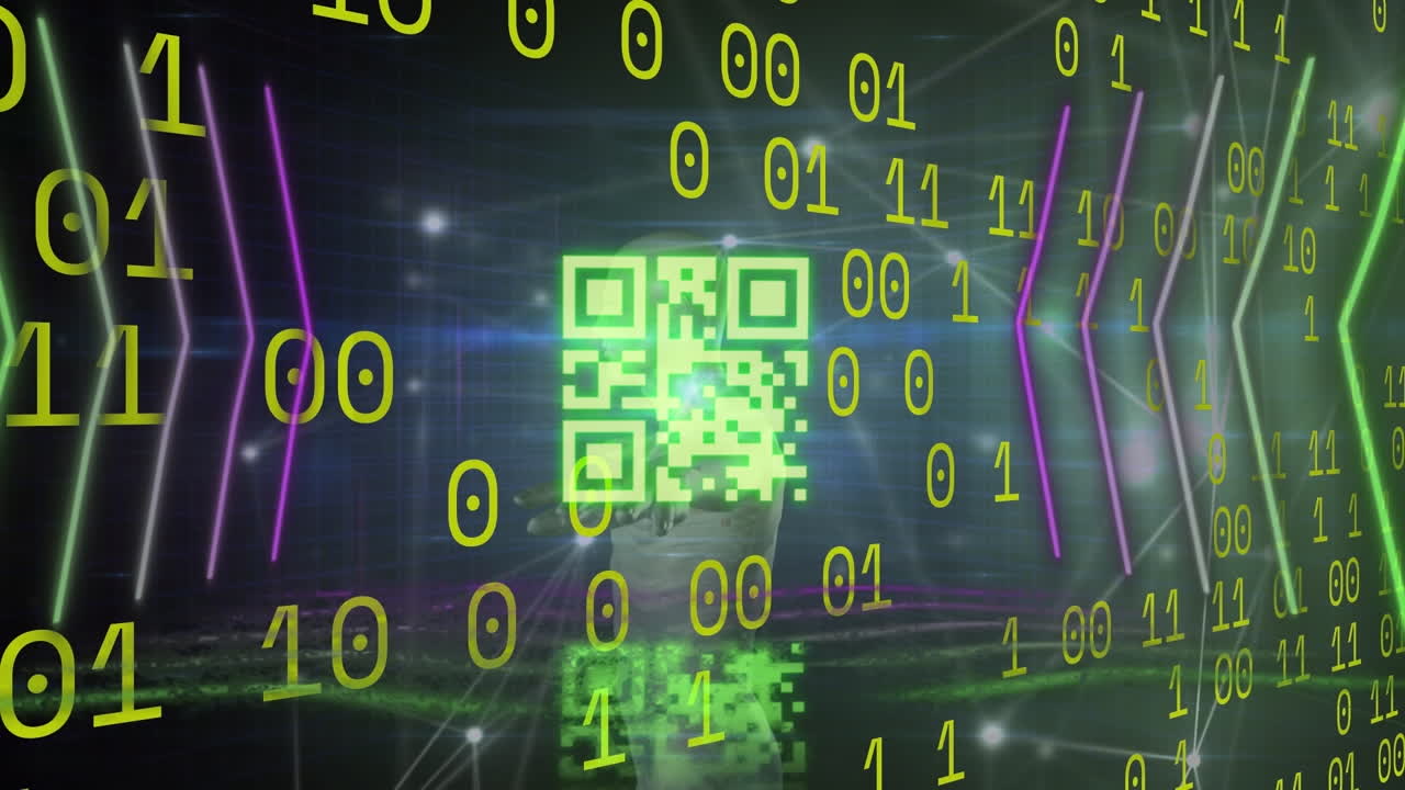 animación de codificación binaria y escáner de código qr de neón y red de conexiones sobre modelo de cuerpo humano