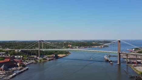 gothenburg suspension bridge named älvsborgsbron, river and surrounding buildings in sweden - aerial drone shot