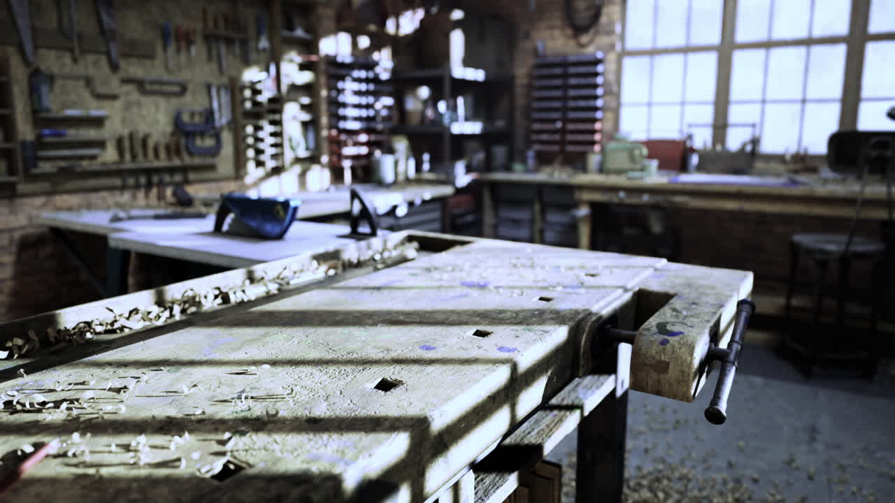 Workshop workspace with tools and materials during afternoon light
