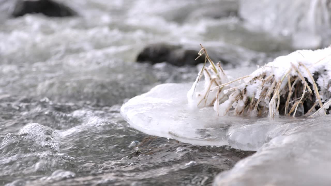 얼어붙은 개울에 흐르는 슬로우 모션 근접 촬영 물, 얼음 백라이트