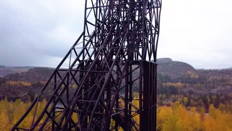 Aerial-upward-pedestal-of-an-abandoned-mine-headframe