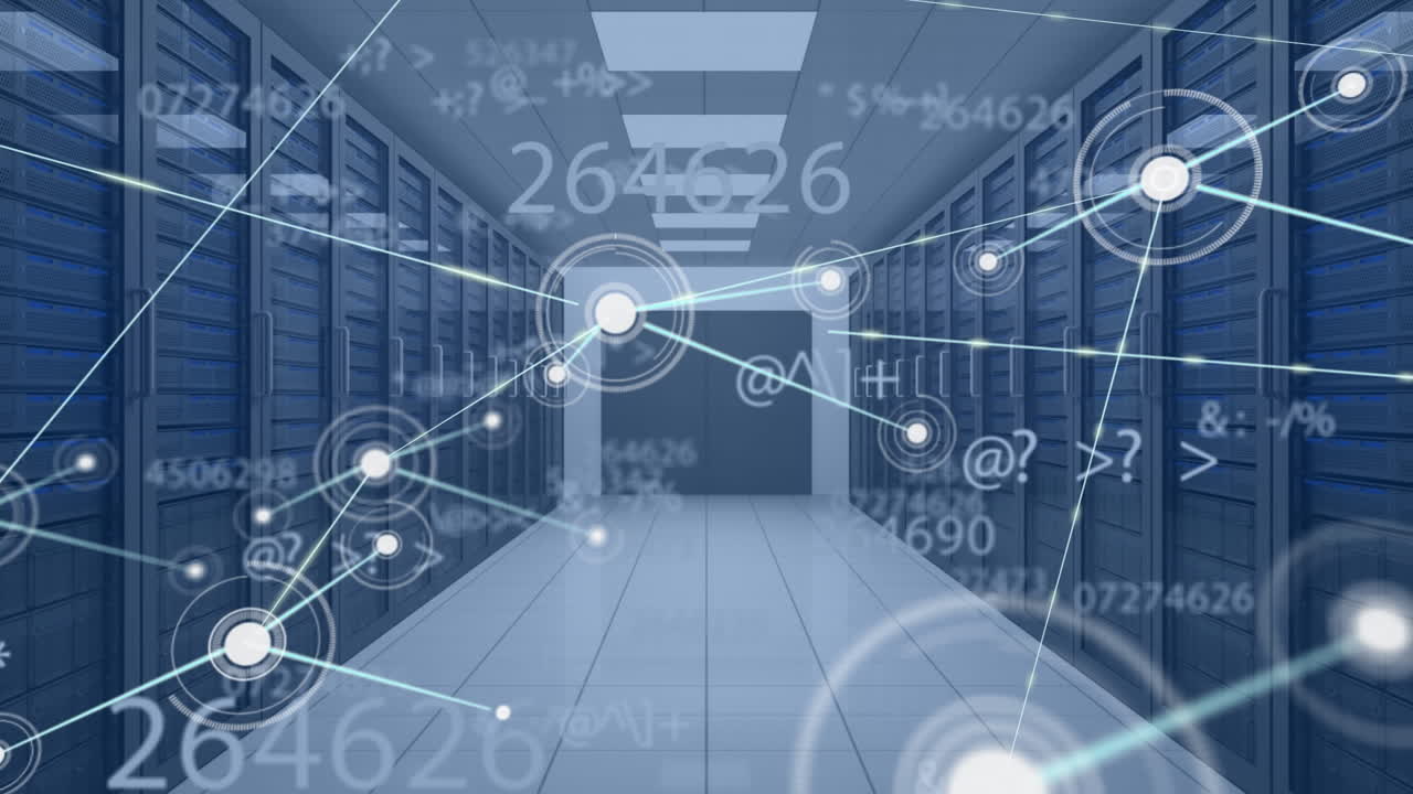 컴퓨터 서버를 통해 디지털 아이콘과 숫자를 가진 연결 네트워크의 애니메이션