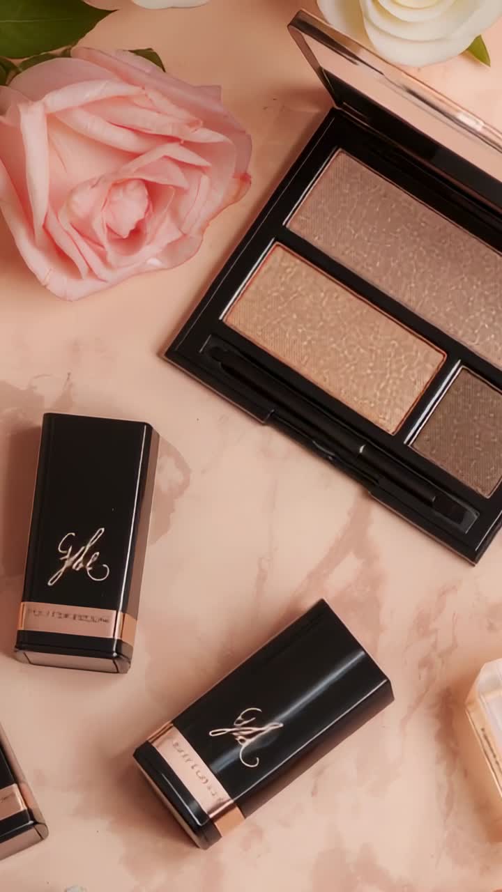 Vertical video: Camera panning up over pink marble showing palette, lipsticks, roses to showcase