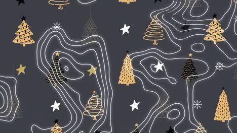 Topography-over-christmas-tree-and-stars-icons-in-seamless-pattern-on-grey-background