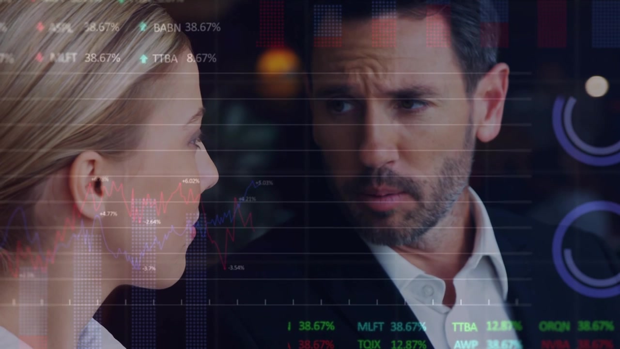 Animation of financial data and graphs over caucasian businessman and businesswoman talking
